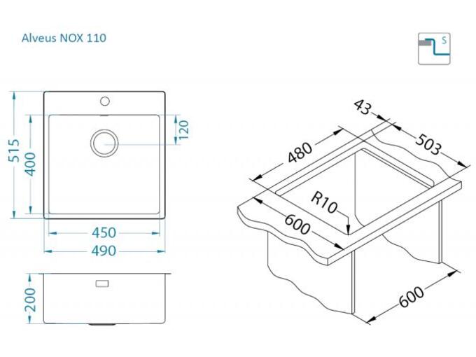 Alveus sudopera Nox 110   490 x 515 x 200 mm